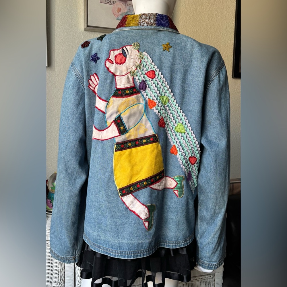Vintage Chico’s Design Cotton Denim Jacket w/Beads & Patchwork Acid Wash Size L